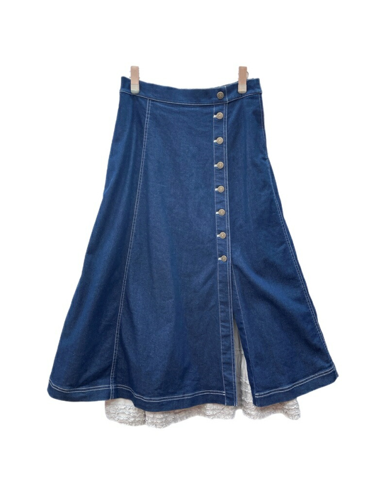 【中古】 ピンクハウス PINK HOUSE ピコフリル レイヤー風 デニムスカート ボタン ステッチ ティアード 綿ローン レトロ INDIGO インディゴ BLUE 青 水色 スカート 無地 ブルー Lサイズ 104LB-91|ドンドンサガール