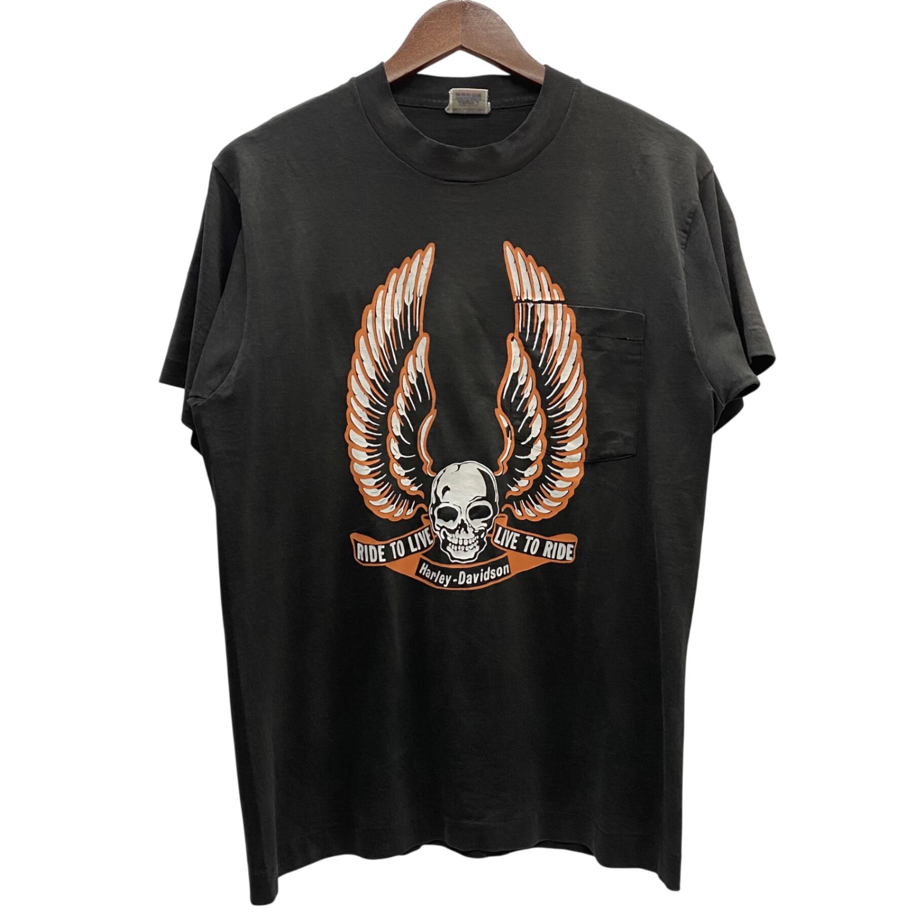 【中古】ハーレーダビットソン HARLEY-DAVIDSON 80\u0027s 90\u0027s USA製 スカルウィング RIDE TO LIVE LIVE TO RIDE プルオーバー 黒いこと M大きさ 201MT-5846 VB