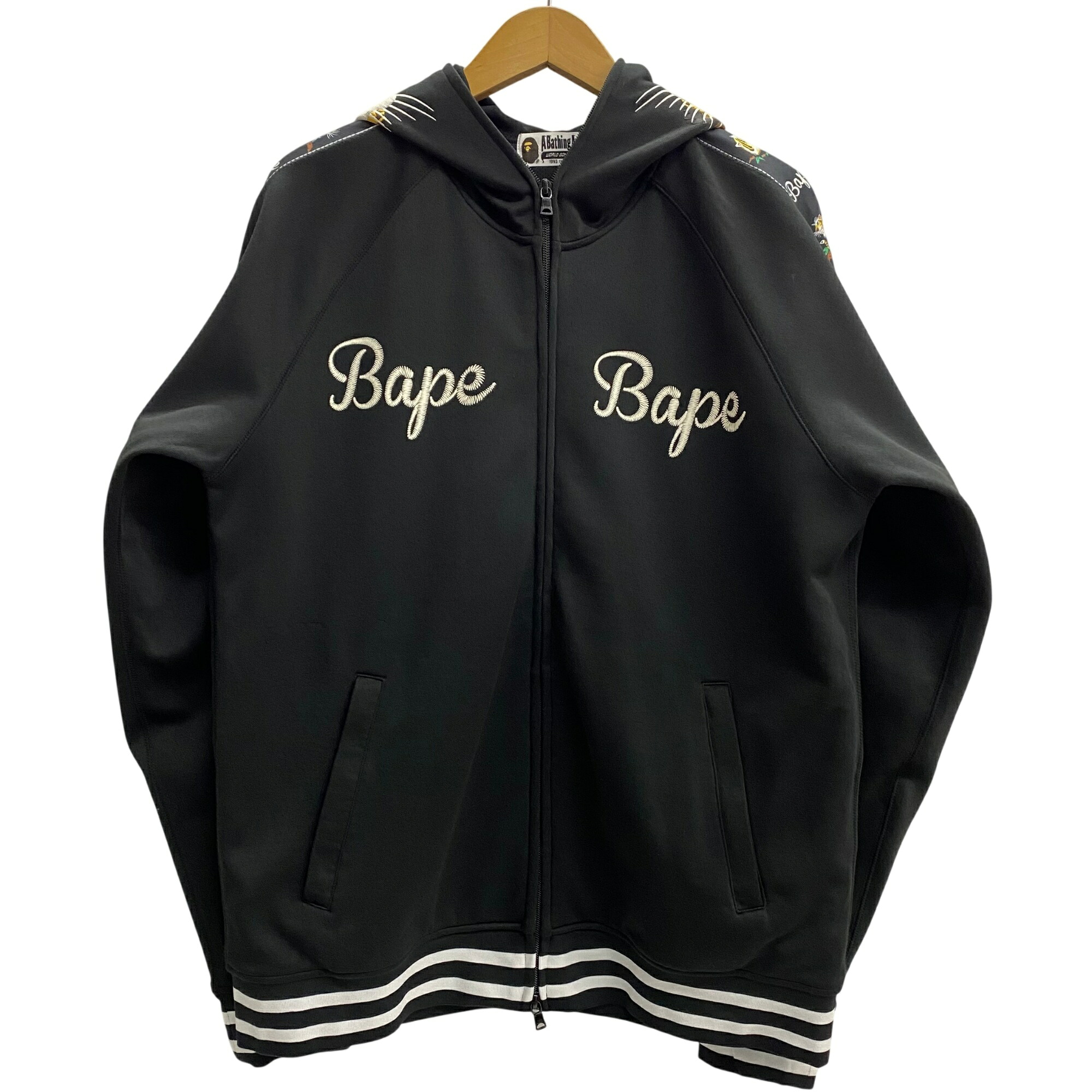 【中古】アベイシングエイプ A BATHING APE TIGER EMBROIDERY FULL ZIP HOODIE jersey 刺しゅう アノラック 黒いこと XL大いさ 201MT-5855 パーカー-トップス-メンズファッション