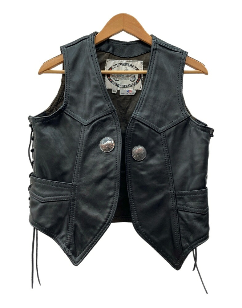 【中古】 ビッグツインレザー BIG TWIN LEATHER Leather Vest なめし革 より良い 傍えスピード競技引き上げる コンチョボタン バイ鉄道車両 ライダース 黒 大いさ36 より良い 無地 黒いこと 104MT-3079