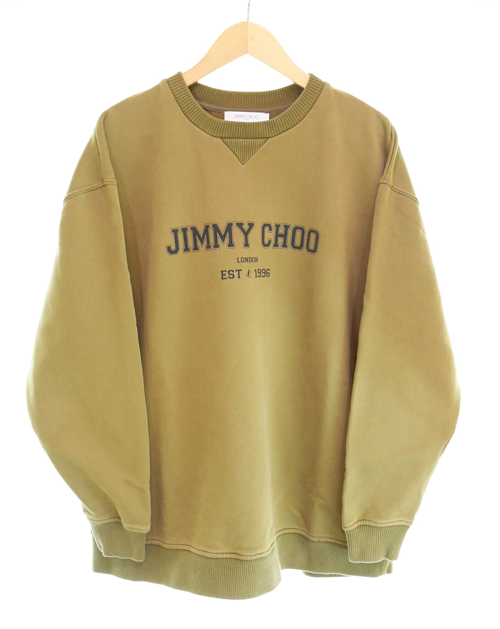 【中古】ジミーチュウ Jimmy Choo イタリア製 College Roundneck Sweat Shirt 分科大学 ラウンドのど首 汗水 ロゴタイプ刷り上げる ユニ一発やる J000142171 L 汗水 カーキ L大きさ 103MT-4551