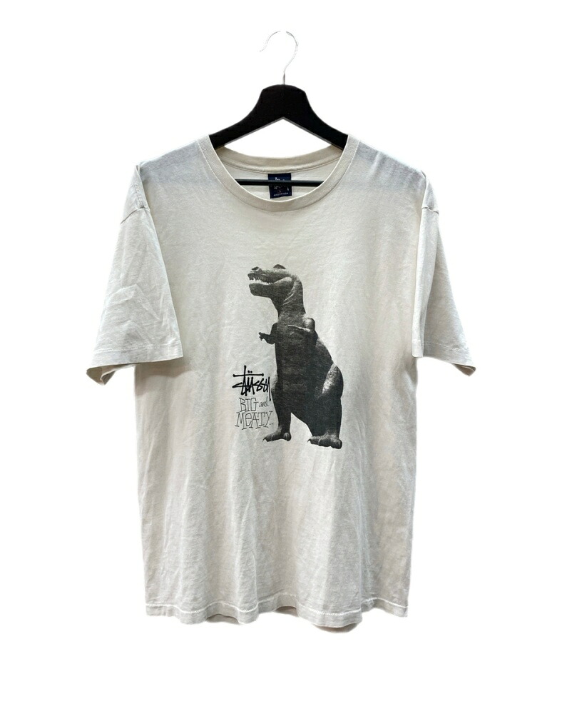 【中古】 ステューシー STUSSY 90s Big and Meaty Pigment Dyed Tee ビッグ \u0026 羶肉 絵の具 ダイ プルオーバー T-REX 紺引き舟 恐竜 半袖 白 プルオーバー ロゴタイプ 白いこと L大きさ 104MT-3150
