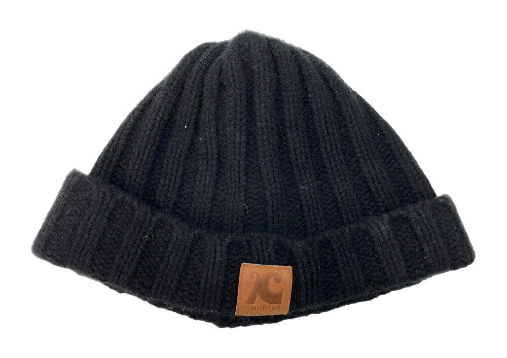 【中古】 ダブレット doublet × KIJIMA TAKAYUKI キジマ 鷹ユキ Leather patch beanie なめし革 継ぎ切れ ビーニー 編み物帽 黒 23202-DL かぶり笠 メンズかぶり笠 編み物帽 ロゴタイプ 黒いこと 104H-100