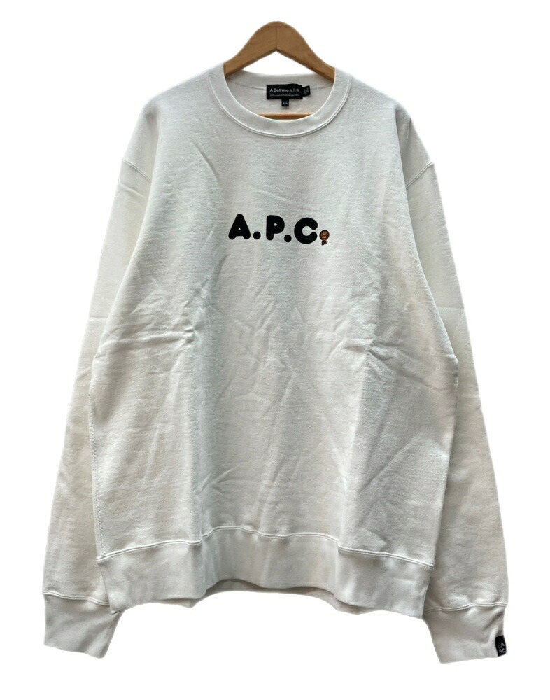 【中古】 アベイシングエイプ A BATHING APE × A.P.C. アーペーセー 22AW MILO ON APC WIDE CREWNECK マイロ 広広とした 労働者の一団のど首 刷り上げる 長袖 調教師 白 002SWI231901C 汗水 ロゴタイプ 白いこと 3XL大いさ 104MT-3251
