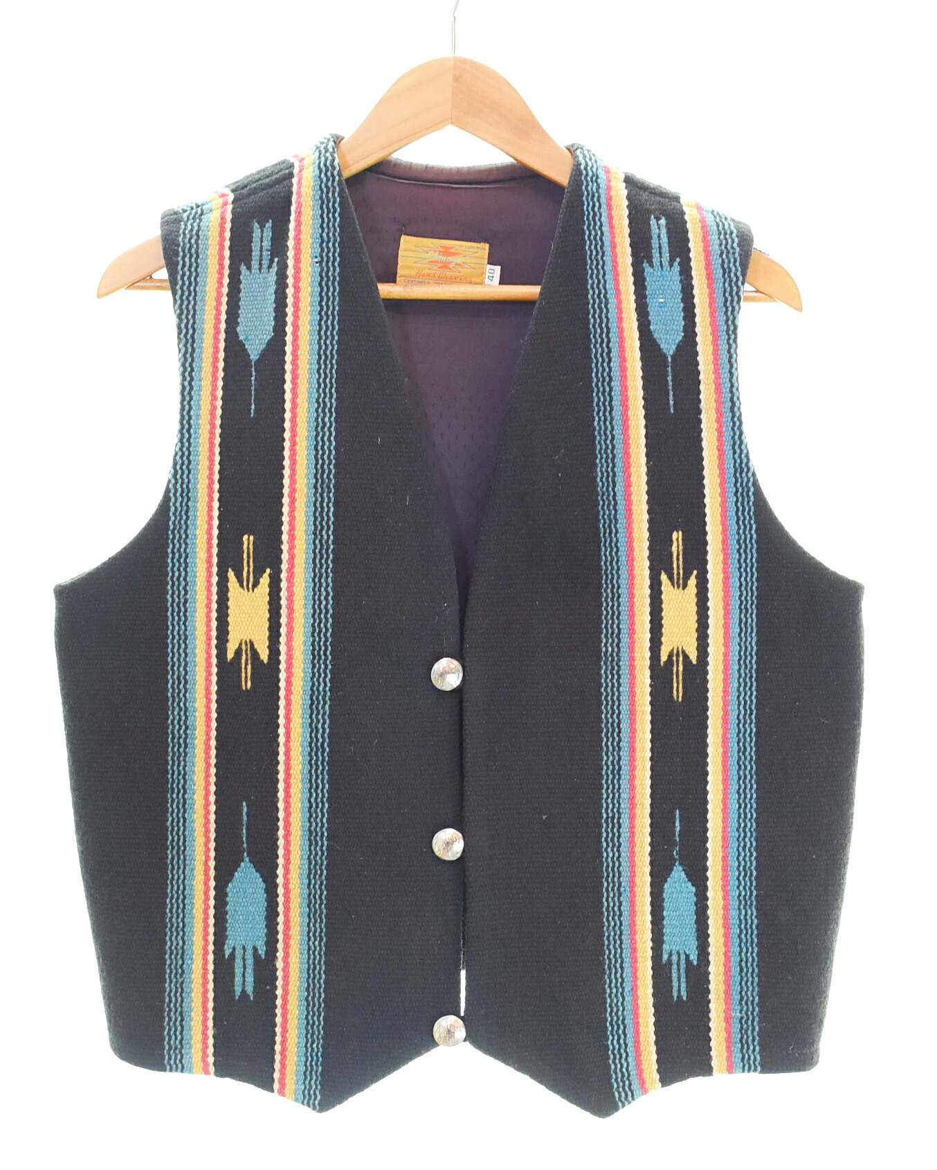 【中古】ヴィンテージ Vintage Centinela センチネラ Chimayo チマヨベスト 原住民 アメリカン柄 コンチョボタン 民族 40 より良い 黒いこと 103MT-4651