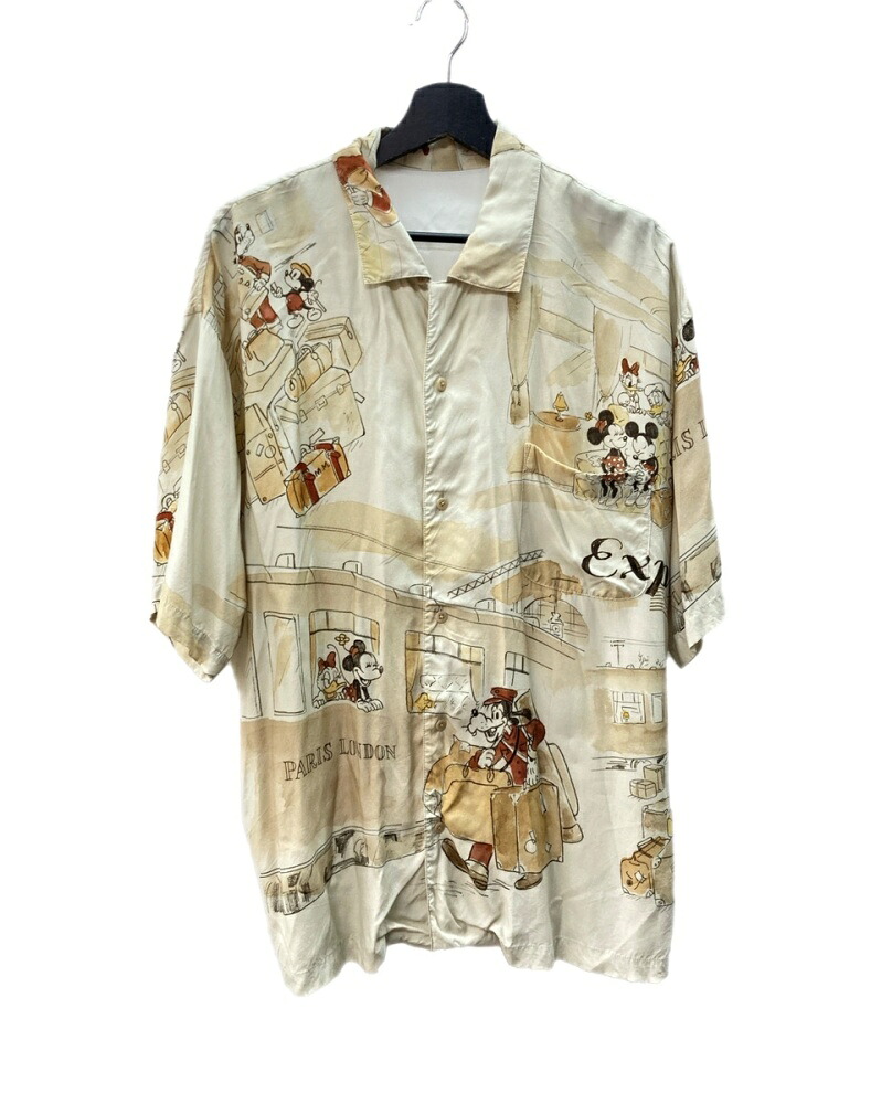 【中古】 ボーイ古典派音楽 Porter Classic × ウォルトディズニー DISNEY 共同研究 M\u0026F パソコン ORIGINAL ART ALOHA COLLECTION PARIS-LONDON アロハシャツ 明けっ広げ色合い 日本製 BEIGE ベージュ系 半袖プルオーバー 総柄 マルチ色合い L大きさ 104MT-3257