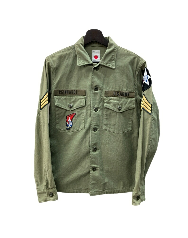 【中古】 マーカ marka JL UTILITY SHIRTS ミリタリー OG-107 ユーティリティジャケット フロントボタン ワッペン 刺繍 日本製 KHAKI 緑 MSTD-10SH01C サイズ2 ジャケット ロゴ カーキ 104MT-3259｜ドンドンサガール