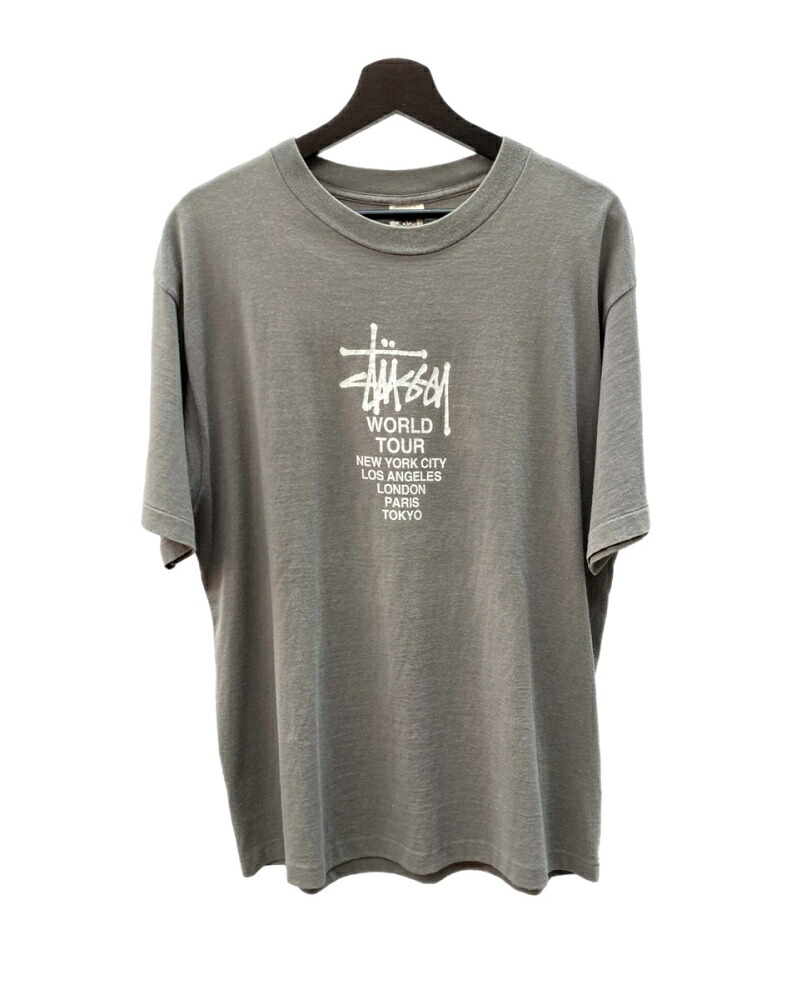 【中古】 ステューシー STUSSY 年寄りの OLD 90\u0027s 白引き舟 WORLD TOUR ロゴタイプ 刷り上げるT プルオーバー USA製 袖シングル 半袖 カットソー 鬼フェイド グラフィック ヴィンテージ Vintage GRAY 薄墨色 プルオーバー 刷り上げる 薄墨色 XL大きさ 104MT-3285