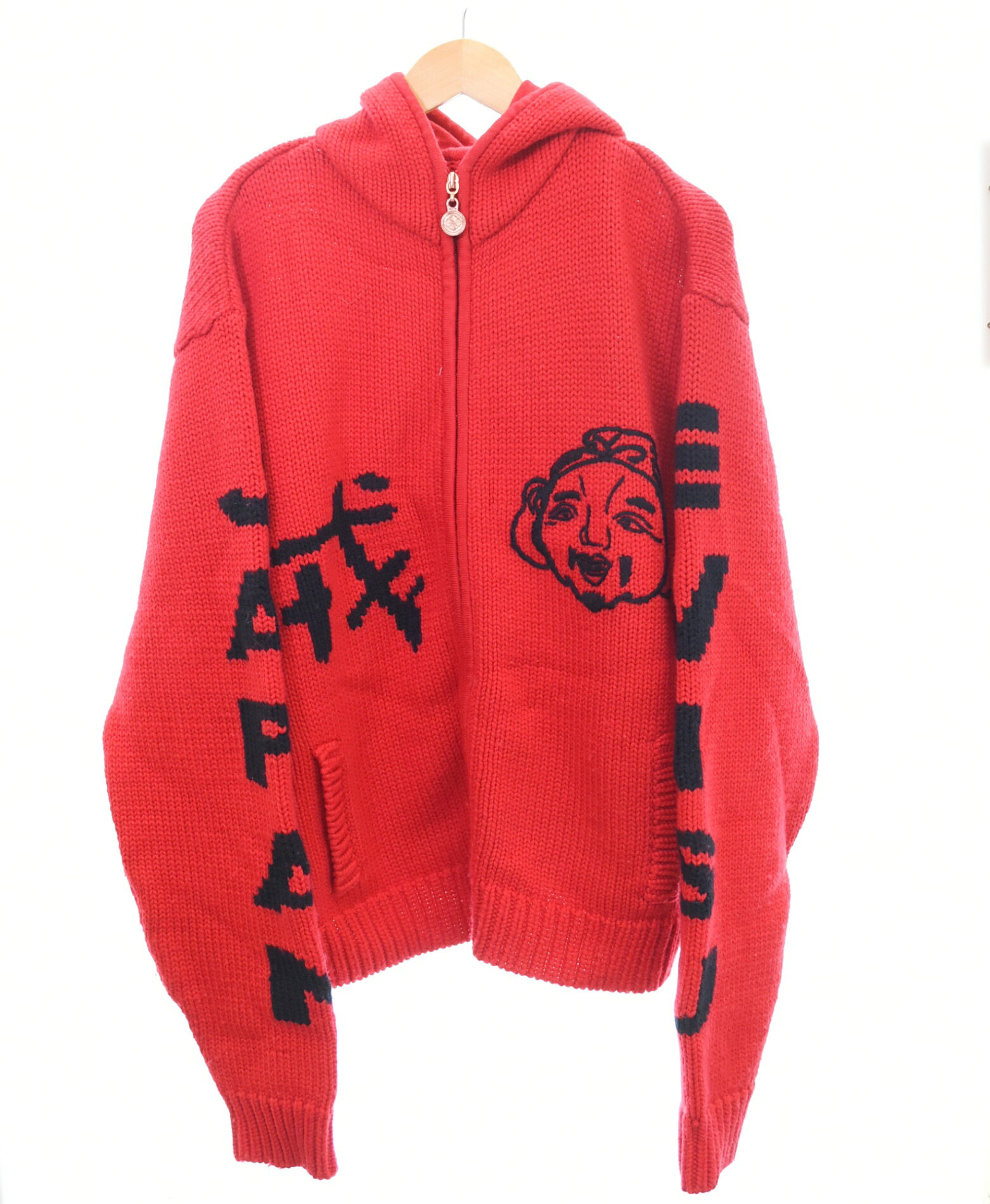 【中古】エヴィス EVISU 編み物 フーディー KNIT HOODIE カウ頤 プルオーバー  COWICHAN SWEATER パーカー 袖 ひな形  44 プルオーバー 赤いこと 103MT-4760