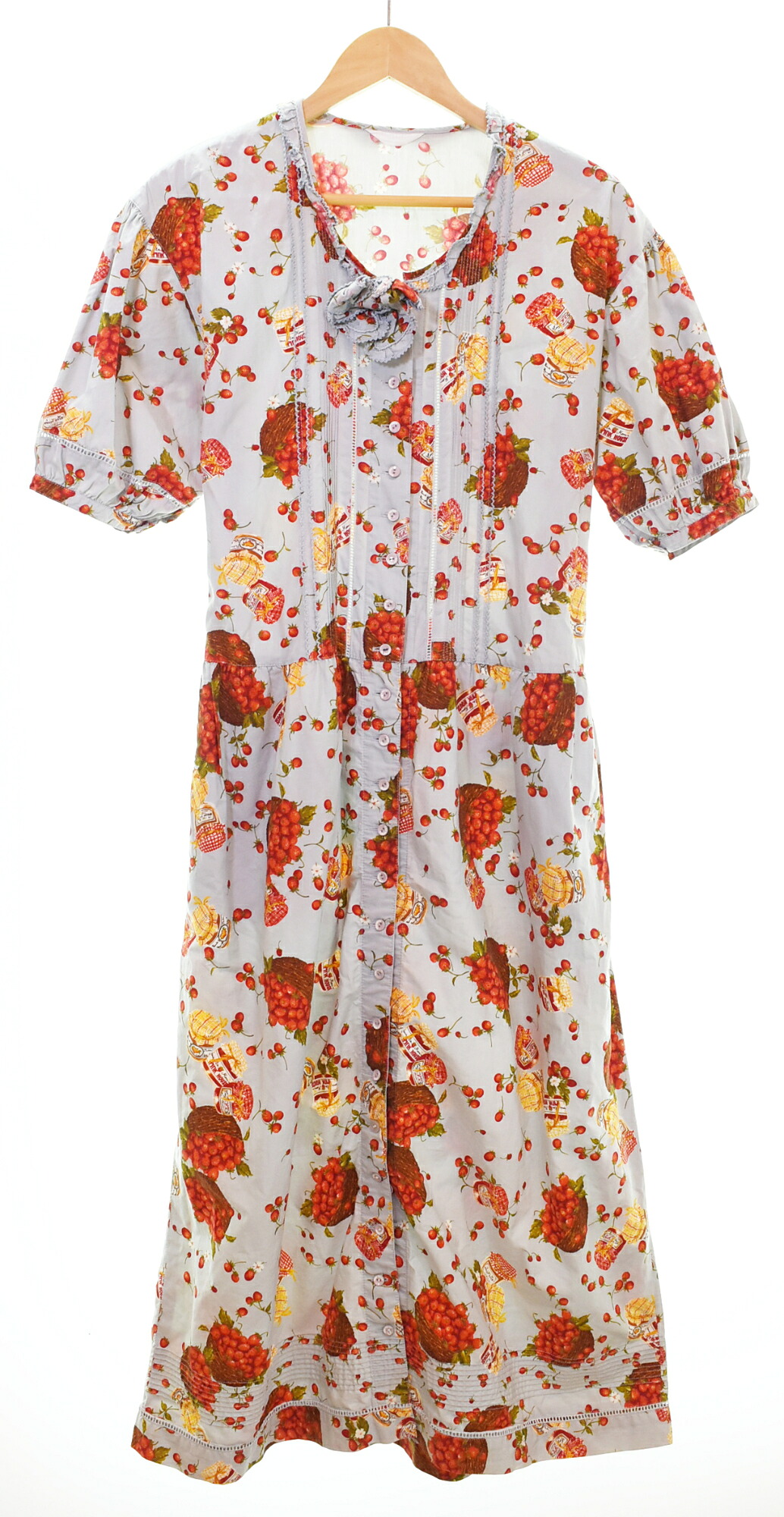 【中古】ピンクハウス PINK HOUSE Long Shirt Onepiece  半袖 ロング丈 プルオーバー衣裳 パフ衣袂 うしろ側シュロの葉 苺 総柄 太陽フレア 衣裳 青碧 無償性大きさ 103LT-228