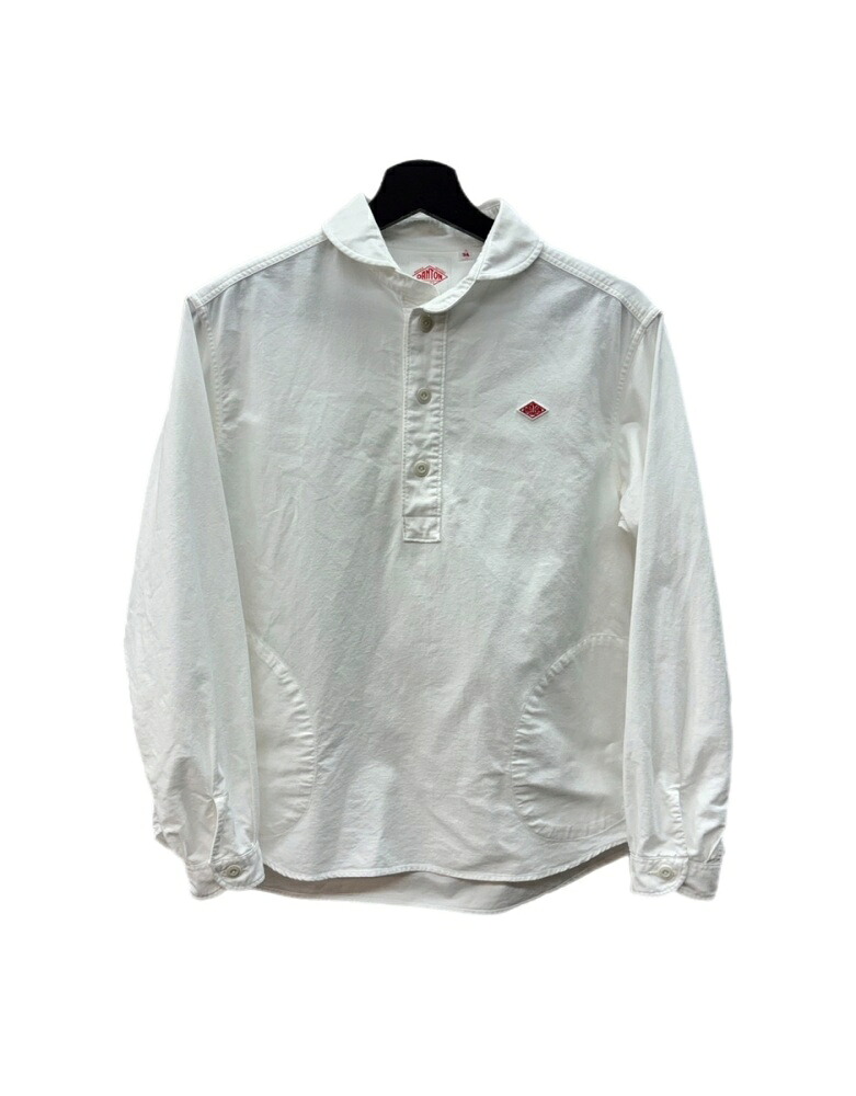 【中古】 ダントン DANTON ラウンドカラー オックスフォード プルオーバー シャツ ブラウス 長袖 丸襟 ワークテイスト ラウンドステッチポケット ロゴ刺繍 WHITE 白 DT-B0281 SOX 長袖シャツ ワンポイント ホワイト サイズ34 104LT-529｜ドンドンサガール