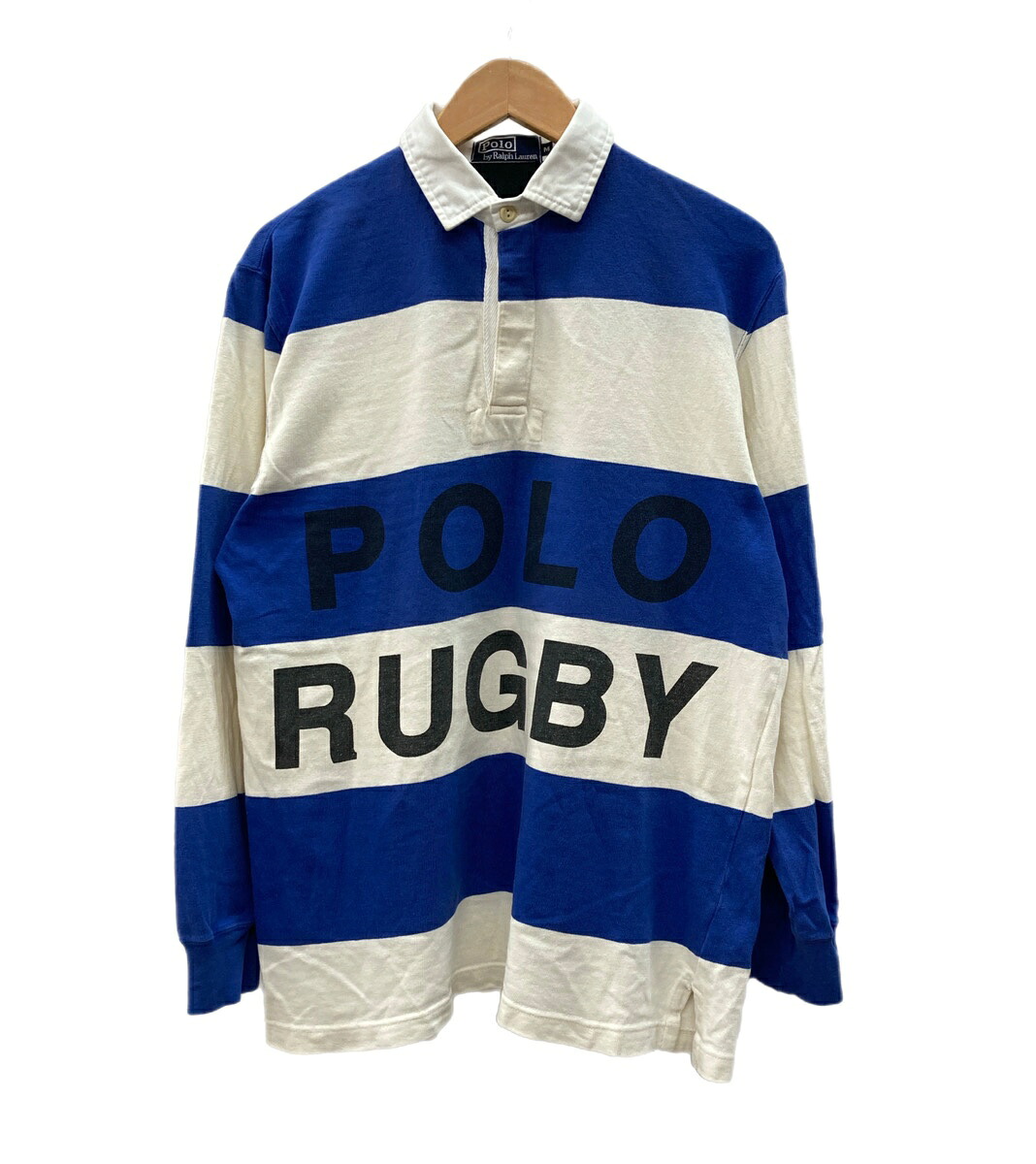 【中古】 ラルフローレン RalphLauren 90s 90年代 POLO RUGBY Rugby Shirt ラガーシャツ ナンバリング 26 ブルー ホワイト 青 白 ロンT ボーダー マルチカラー Mサイズ 104MT-3415｜ドンドンサガール