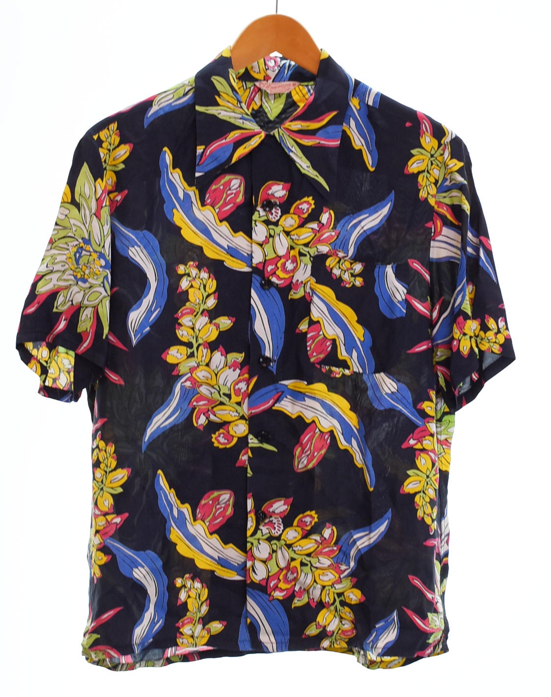 【中古】ヴィンテージ Vintage 40s 50s Hawaiian Aloha Shirt ハワイアン アロハ シャツ Vintage Shirt ヴィンテージ シャツ ブラック アロハ 半袖シャツ ブラック Mサイズ 103MT-5041｜ドンドンサガール