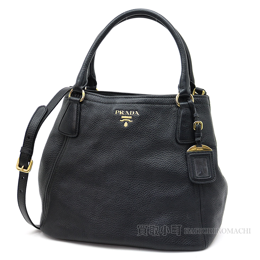 Prada Black Leather Tote Bag Metal Logo Grain Calf 2way Shoulder Handbag Bn2534 Vit Daino Nero
