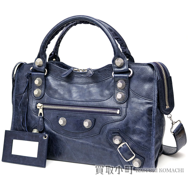 Kaitorikomachi バレンシアガジャイアントシティ 12 Studs Silver Metal バレンシアガジャイアントシティ 12 Studs Silver Metal Ings Vintage Craft Lambskin Blue Medium Editors Bag 2way Shoulder Handbag 173084 D94jn Giant