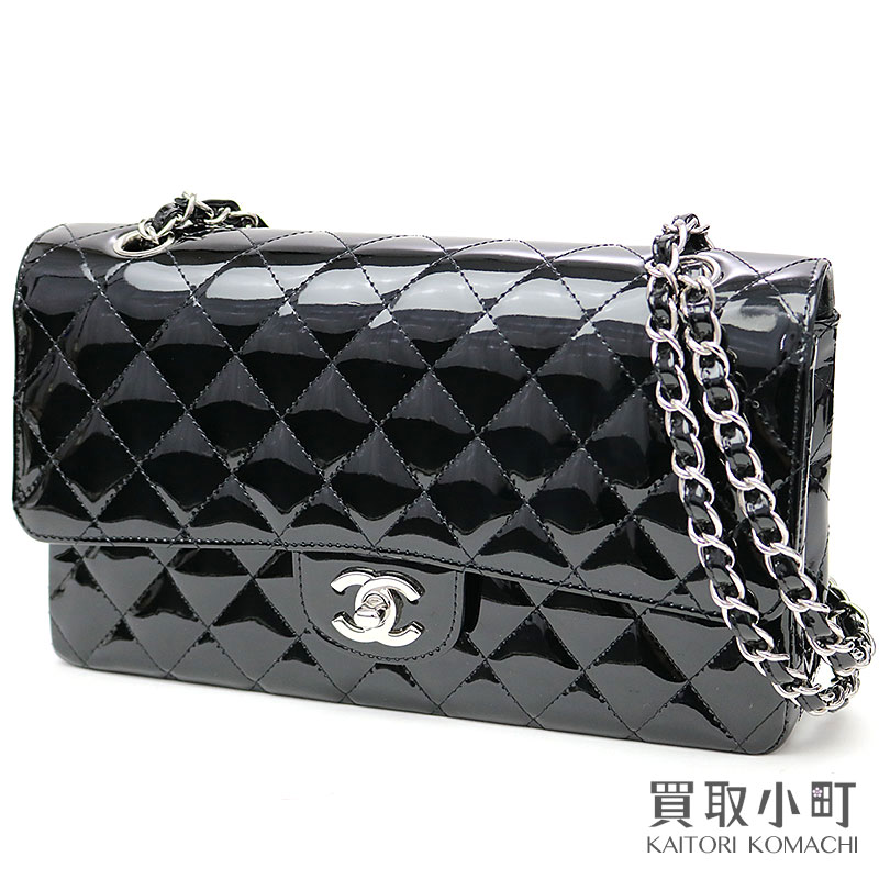 Chanel Matelasse 25 Classic Flap Bag Black Patent Leather Metal Ings ミディアムダッブルフラップ W Chain Shoulder Constant Er Coco