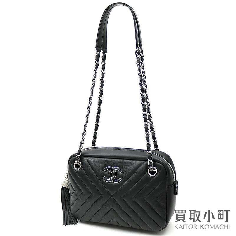 Chanel Chevron Quilting Tassel Chain Shoulder Camera Bag Black Calfskin Here Mark Classical Music Fringe V Sch A91777 Y33193 26 Diagonal