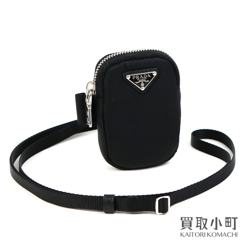 プラダテスート リナイロン ネックストラップ付き ポーチ ブラック コインケース イヤホンケース トライアングルロゴ 1tt130 2dmv F0002 Re Nylon Mini Poach 非売品