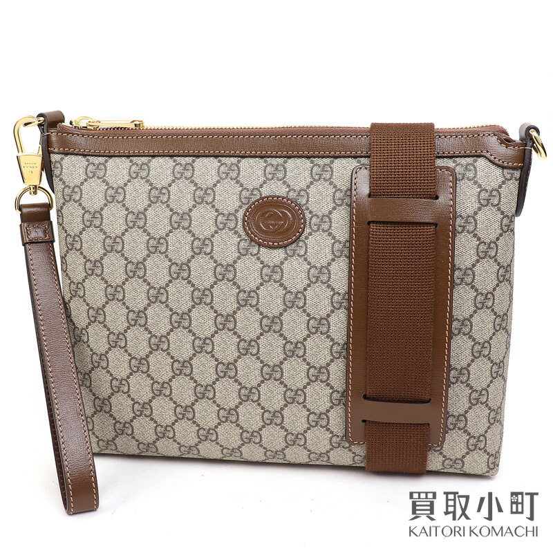 【新品同様】グッチ【GUCCI】インターロッキングG付き メッセンジャーバッグ GGスプリーム キャンバス ベージュ＆エボニー クロスボディ 斜め掛け ショルダーバッグ リストレット 2WAY クラッチ 726833 92THG 8563 MESSENGER BAG【Sランク】【美品】【中古】 81,400円