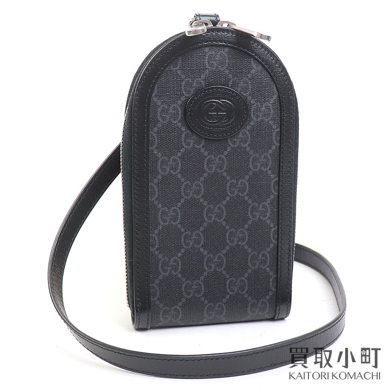 【新品同様】グッチ 【GUCCI】GGスプリーム フォンホルダー フォンポーチ ア ブラック ミニショルダーバッグ インターロッキングG ポシェット 斜め掛け 724357 92TCF 1000 INTERLOCKING G PHONE POUCH【SAランク】【美品】【中古】