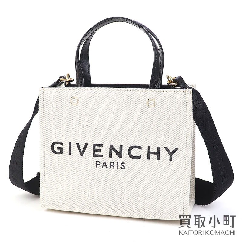 【美品】ジバンシィ【GIVENCHY】G-TOTE ミニ トートバッグ ナチュラル ブラック コットンファブリック キャンバス ロゴプリント 2WAYショルダー 斜め掛け ハンドバッグ ジバンシー レディース BB50N0B1DR-255 MINI TOTE 【SAランク】【中古】