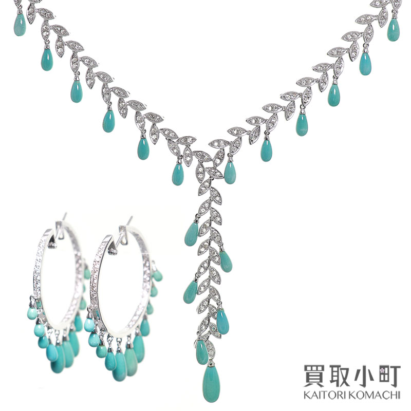 【美品】セレクトジュエリー 750ホワイトゴールド ダイヤモンド ターコイズ ネックレス&ピアス セット ペンダント フープピアス K18WG Au750 ファインジュエリー アクセサリー DIAMOND TURQUOISE HOOP EARINGS AND NECKLACE 【Aランク】【中古】