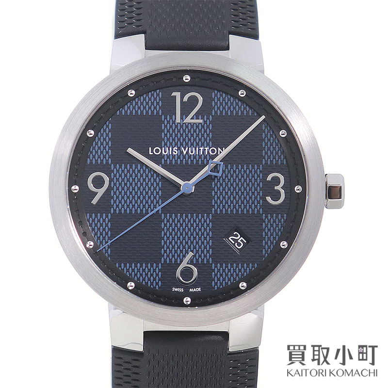 【美品】ルイヴィトン【LOUIS VUITTON】QA026Z タンブール か細い ダミエコバルト 39 石英 天然ゴム三尺帯 メンズウォッチ 成人男性用ウオッチ LV TAMBOUR SLIM DAMIER COBALT WATCH【A序列付ける】【中古】