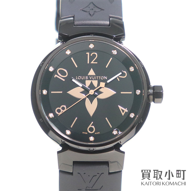 【美品】ルイヴィトン【LOUIS VUITTON】QA156Z タンブール 12P 金剛石 オール黒いこと 石英 モノグラム 天然ゴム胴締め 黒いこと サクラ色ゴールド レディースウォッチ 成人女性用ウオッチ LV TAMBOUR WATCH【A序列付ける】【中古】