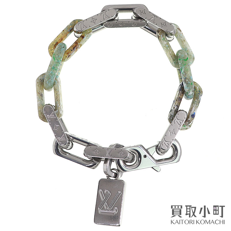 ルイヴィトン【LOUIS VUITTON】M00733 ブラスレ モノグラムチェーン店 腕輪 グリーンプレキシガラス しろがね色 佩び物 流行り物宝飾品 マーブル調 MONOGRAM CHAIN BRACELET【AB価値づける】【中古】