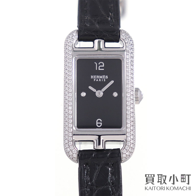 【美品】エルメス【HERMES】ナンタケットPM 29mm ダイヤモンドベゼル スモール レディースウォッチ ブラック アリゲーター クォーツ 女性用腕時計 クロコ革ベルト 2Pダイヤインデックス NA2.130  W045239WW NANTUCKET WATCH QZ【SAランク】【中古】