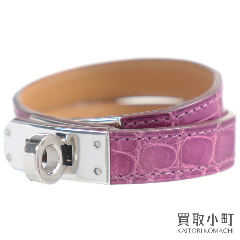 【美品】エルメス 【HERMES】 ケリー ドゥブルトゥール ブレスレット クロコダイル アリゲーター ローズシェヘラザード パラジウムプレーテッド アクセサリー ダブルトゥール 2重 2連 シルバー金具 KELLY DOUBLE TOUR BRACELET【Aランク】【中古】|買取小町