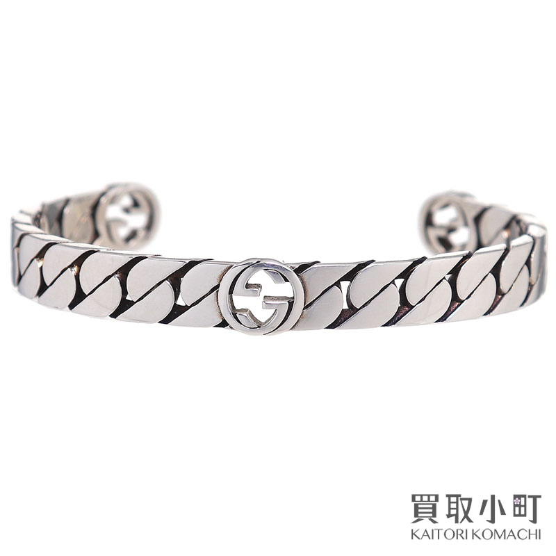 【最大3万円OFFクーポン! 4/15～】【美品】グッチ【GUCCI】インターロッキングG ワイドブレスレット 17cm チェーンモチーフ エイジングフィニッシュ スターリングシルバー バングル カフブレス SV925 661528 J8400 0728 Interlocki【中古】