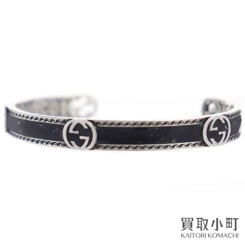 【最大1万円OFFクーポン! 7/20～】【美品】グッチ【GUCCI】インターロッキングG ブレスレット ブラック SV925 スターリングシルバー バングル カフブレス エイジング フィニッシュ メンズ サイズ18 645570 J8410 1064 Interlocking【中古】｜買取小町