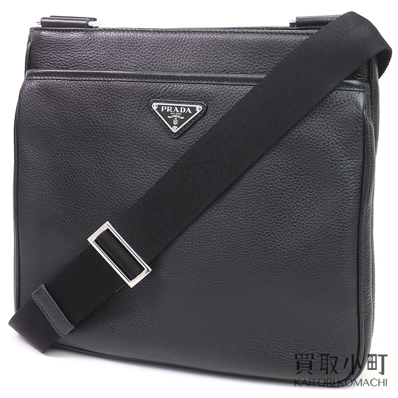 【美品】プラダ【PRADA】三角形ロゴタイプ なめし革 ショルダーバッグ 黒いこと 飛脚屋 曲がった掛け 2VH019 2A6P F0002 SHOULDER BAG NERO【A序列付ける】【中古】