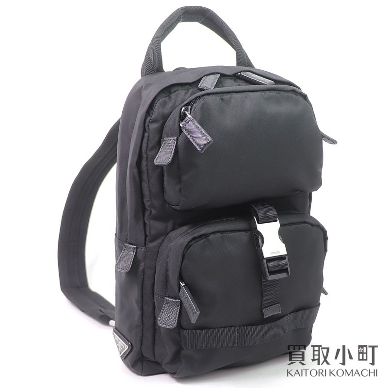 【美品】プラダ【PRADA】テスート スリングバッグ 黒いこと 三角形ロゴタイプ クロスボディバッグ 肩先 曲がった掛け 2VZ013 973 F0002 TESSUTO NERO SHOULDER BAG【A序列付ける】【中古】