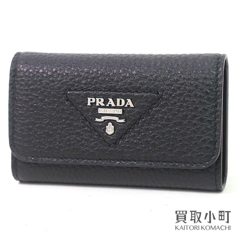 【未当て嵌める品】プラダ 【PRADA】３角形編み目 ロゴタイプ 手当たり容れもの 4連 黒いこと カーフスキン 手当たり輪っか付き添い人 キーホルダー 1PG004 2BBE F0002 VITELLO DAINO LEATHER KEY HOLDER 【S位置づける】【新品負けず劣らず】