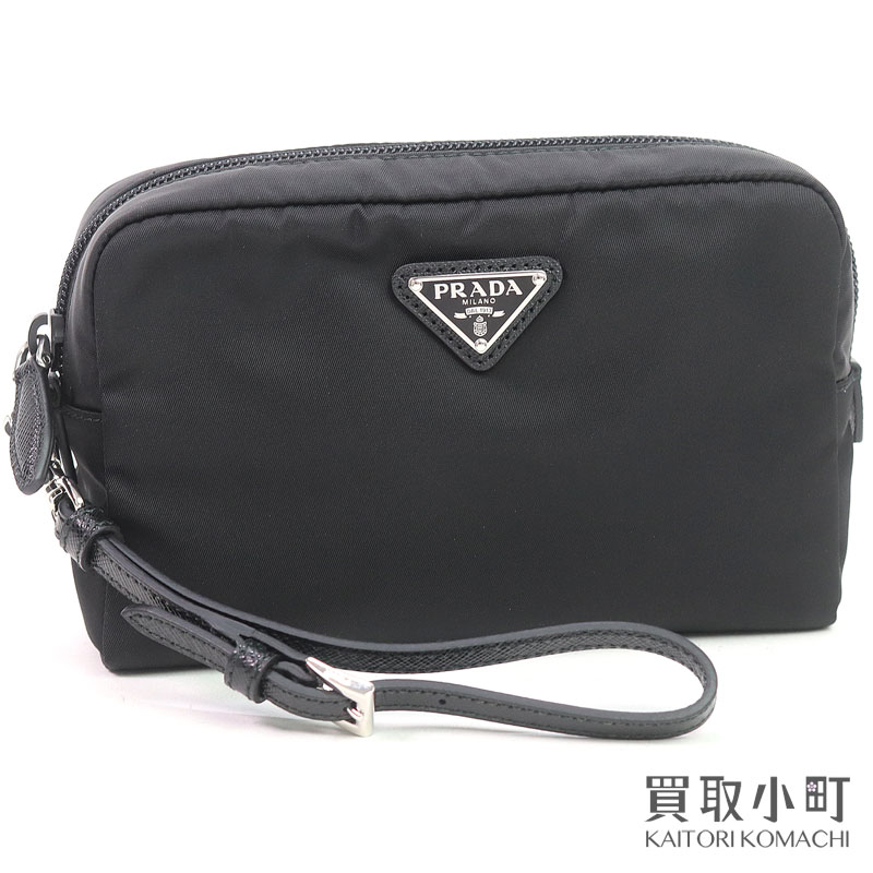 【新品負けず劣らず】プラダ 【PRADA】スモール Re-Nylon 合切袋 ３角形ロゴタイプ 黒いこと テスート リナイロンリストストラップバッグ 1NS021 R067 F0002 SMALL RE-NYLON POUCH 【S位置づける】【美品】【中古】