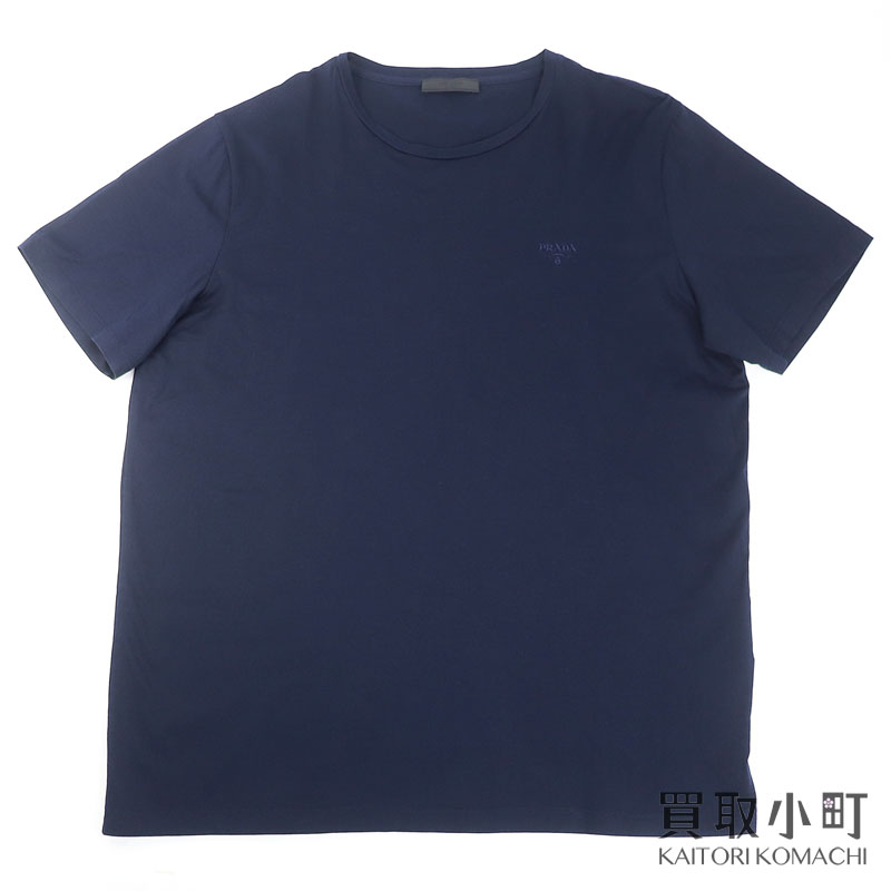 【最大3万円OFFクーポン! 4/15～】【美品】プラダ【PRADA】コットン Tシャツ クルーネック 刺繍ロゴ ネイビー XLサイズ 半袖 カットソー メンズトップス 紳士服 アパレル 古着 UJN884 13MP F0002 T-shirt【Aランク】【中古】【中古】 20,850円