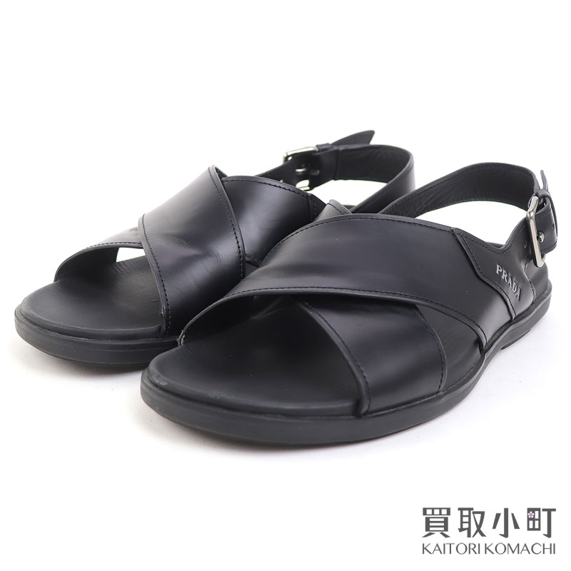 【最大3万円OFFクーポン! 4/15～】プラダ【PRADA】レザースリングバックサンダル クロスストラップ ブラック メンズ シューズ #8.5 2X3033 OVD F0002 LEATHER SLINGBACK SANDAL CROSS【ABランク】【中古】【中古】