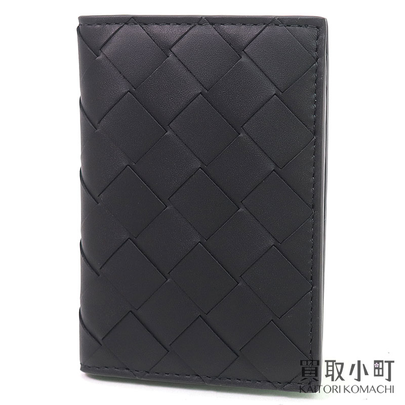 【最大限度1万円OFF引き換え証! 6/10～】【未当て嵌める品】ボッテガヴェネタ【BOTTEGA VENETA】イントレチャート フラップカードケース 黒いこと 水のみ カーフレザー 歌留多保持者 名刺入れ 通行手形容れもの 749417 VCPQ 61027 BV INTRECCIATO C【中古】