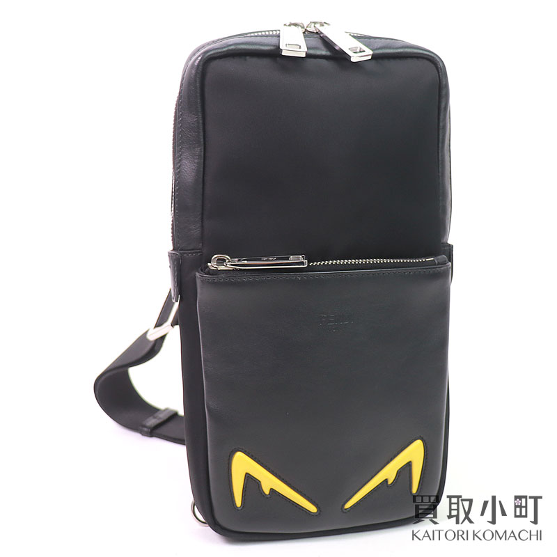 【美品】フェンディ 【FENDI】 バグズ 変わり種 胴締め御徒面子 黒いこと ナイロン\u0026なめし革 壱肩部 うしろ側風呂敷き包み イエローアイモチーフ 差し交わす上半身 スリング デイパック 7VZ033 A80I F0R2A BUGS MONSTER EYE BELT BAG【A価値づける】【中古】