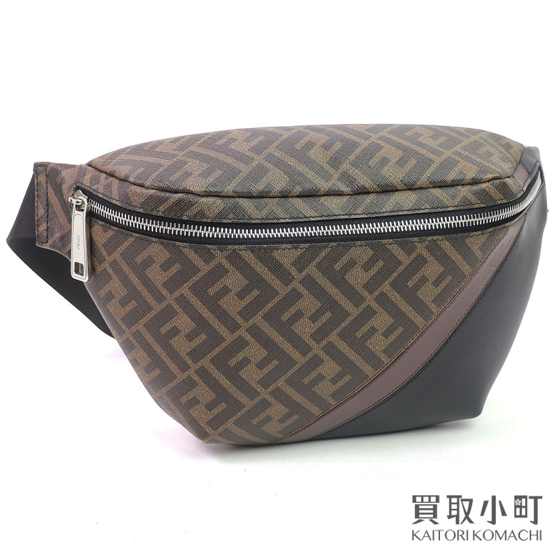 【美品】フェンディ【FENDI】ダイアゴナル 三尺帯御徒面子 FF画題 ブラウンファブリック 黒いこと×赤銅色 カーフレザー はりつけ台上半身 スリング ショルダーバッグ 曲がった掛け メンズ ズッカ モノグラム 7VA434 A9XS F199B BELT BAG【A位置づける】【中古】