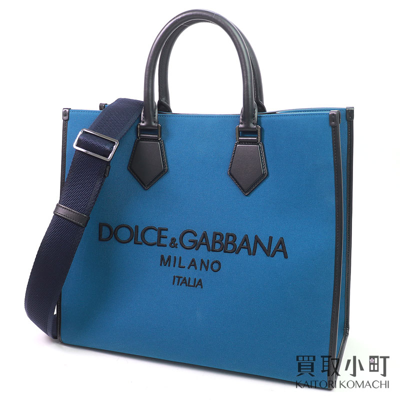 【美品】ドルチェ＆ガッバーナ【DOLCE\u0026GABBANA】 買い出し御徒面子 ラージサイズ 青碧 エンブロイダリーロゴ 帆布\u0026カーフスキン メンズ 2WAY肩先 トートバッグ 刺しゅうロゴドルガバ D\u0026G BM1796AO997 RUBBERIZED LOGO SHOPPING BAG LARGE【A序列付ける】【中古】