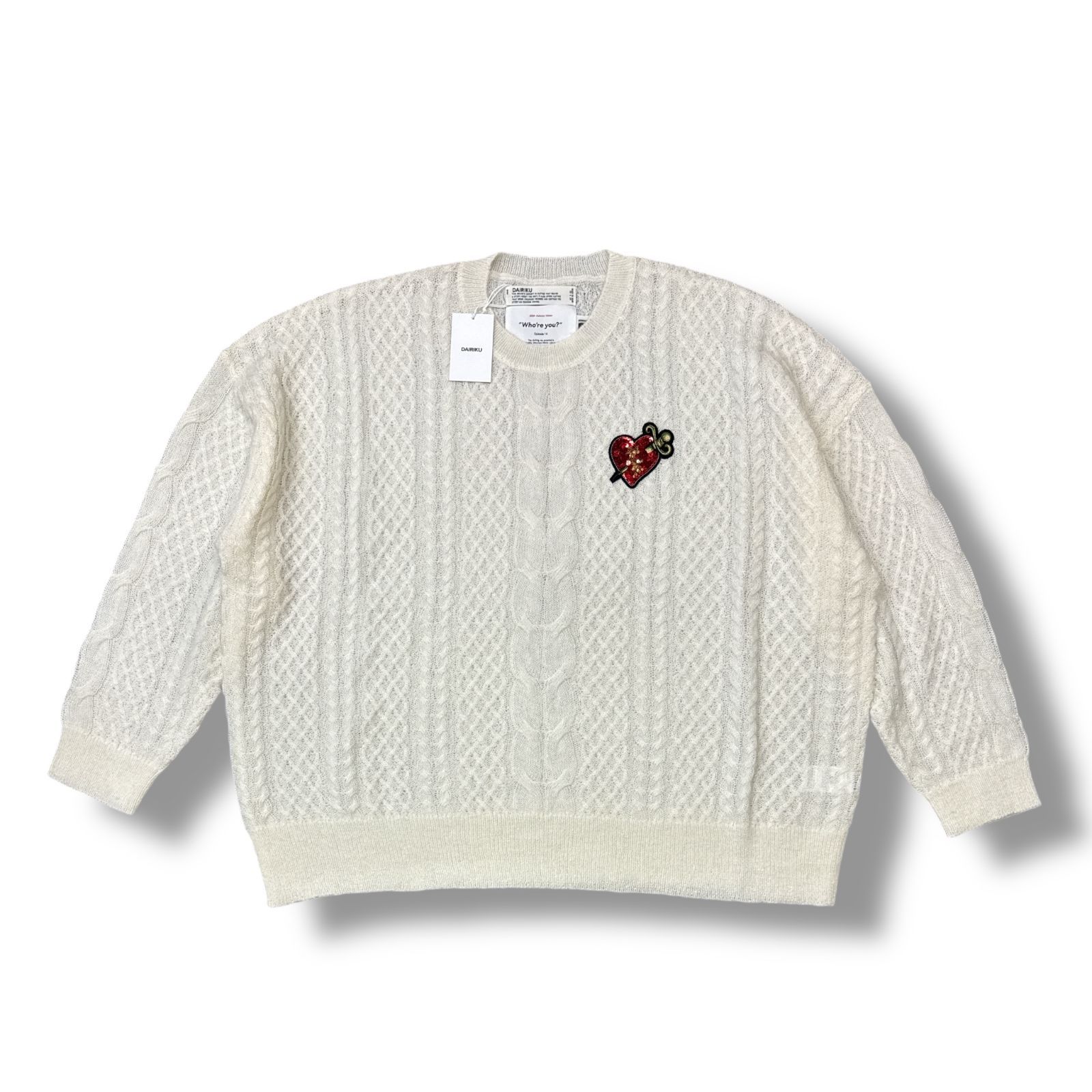 未当て嵌める DAIRIKU・ダイリク 24AW  Heart Spangle Cable Mohair Knit 物質の状態SS ハートスパンコールケーブルニット スウェーター 24AW K-12 大きさL 白いこと メンズ （94892A）【中古】