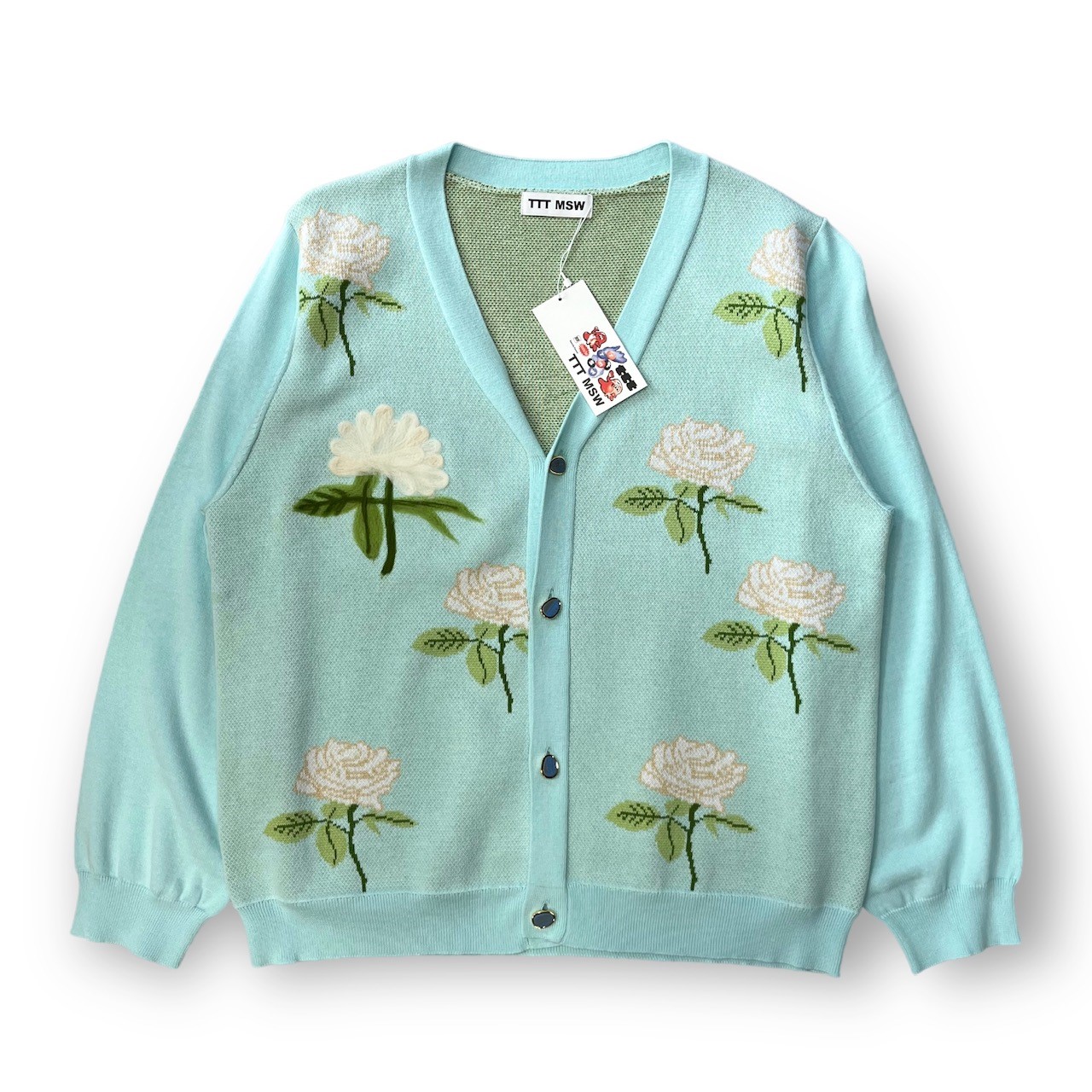 ティーモダンストリートウェア・TTT MSW 22AW Rose Jacquard Knit Cardigan 状態SS ローズ ジャガード ニット カーディガン フラワー 花柄 ストーンボタン コットン サックス ターコイズ ライトブルー TTT-2022AW-KT03 サイズM（69356A） D