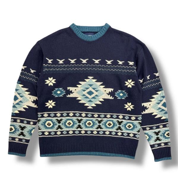 DESCENDANT・ディセンダント 24AW MORAY CREW NECK KNIT 状態SS ウールニット セーター クルーネック ジャガード 242MADS-KNM04 ネイビー サイズ3（96726A）