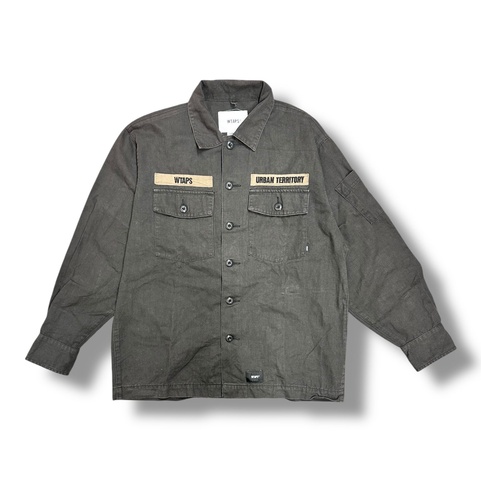 WTAPS・ダブルタップス 21AW BUDS / LS / COTTON. SERGE 状態B バッズ ロングスリーブ コットンセージ ミリタリーシャツ ジャケット 212BRDT-SHM02 サイズ1 ブラック メンズ （62491A）【中古】