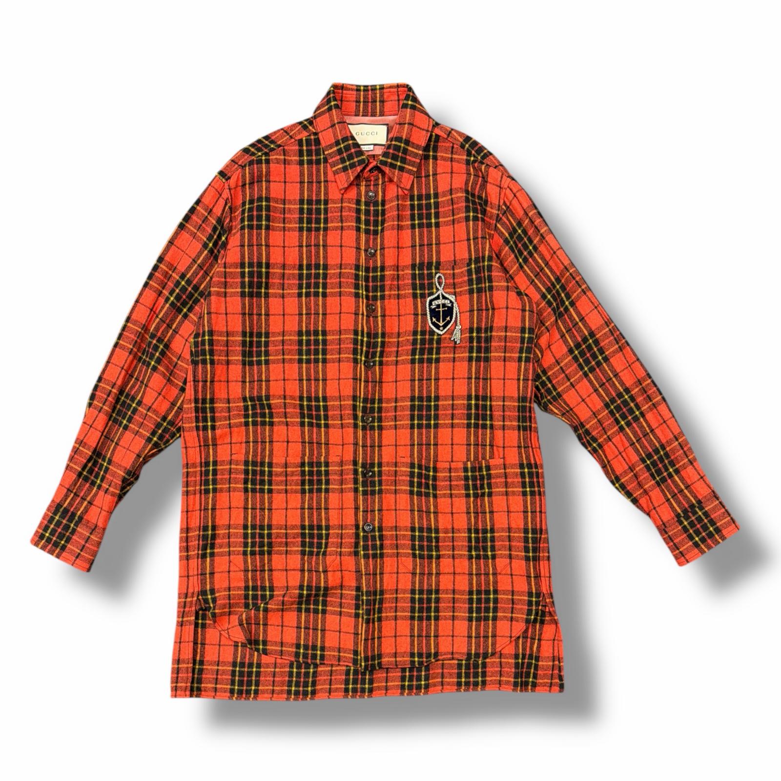 GUCCI・グッチ LOGO WAPPENN LONG SHIRT 状態A ロゴワッペンロングチェックシャツ 刺繍 538963 サイズ50 レッド メンズ （9895M）【中古】