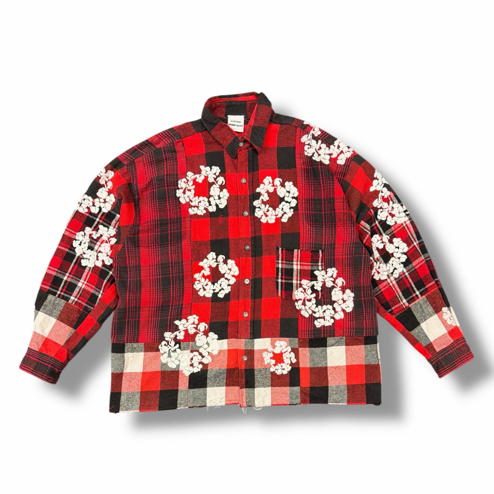 READYMADE・レディメイド × DENIM TEARS・デニムティアーズ CHECK LS SHIRT 状態A フラワー刺繍 リメイクチェックシャツ コラボ RE-DT-RE-00-00-06 サイズ2 レッド メンズ （10357M）【中古】