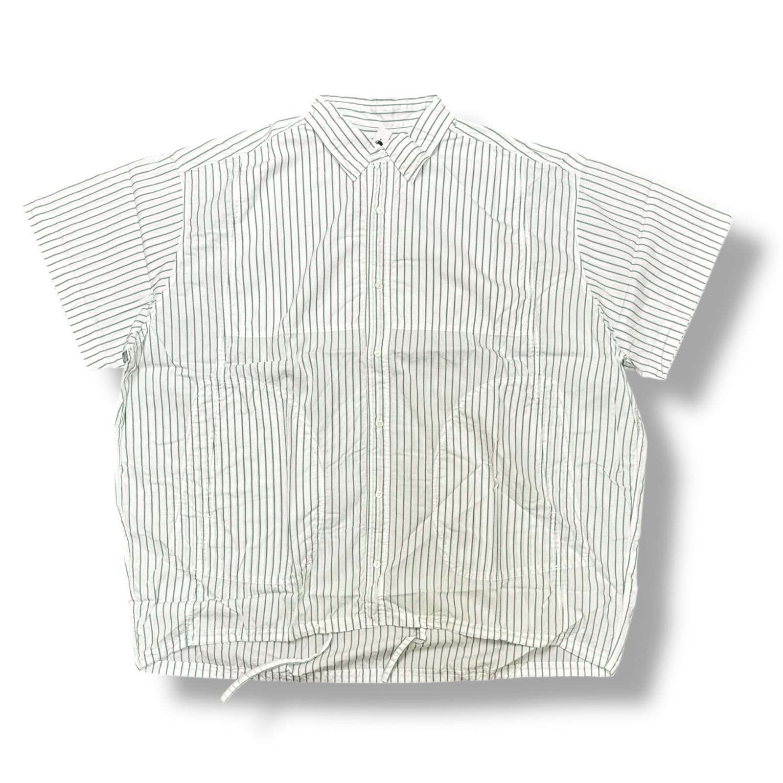未当て嵌める ISSUETHINGS・イシュ―シングス STRIPE S/S SHIRT 物質の状態SS 縞模様半袖プルオーバー 24a/54-c-01 大きさ2 白いこと/緑であること メンズ （81295A5）【中古】